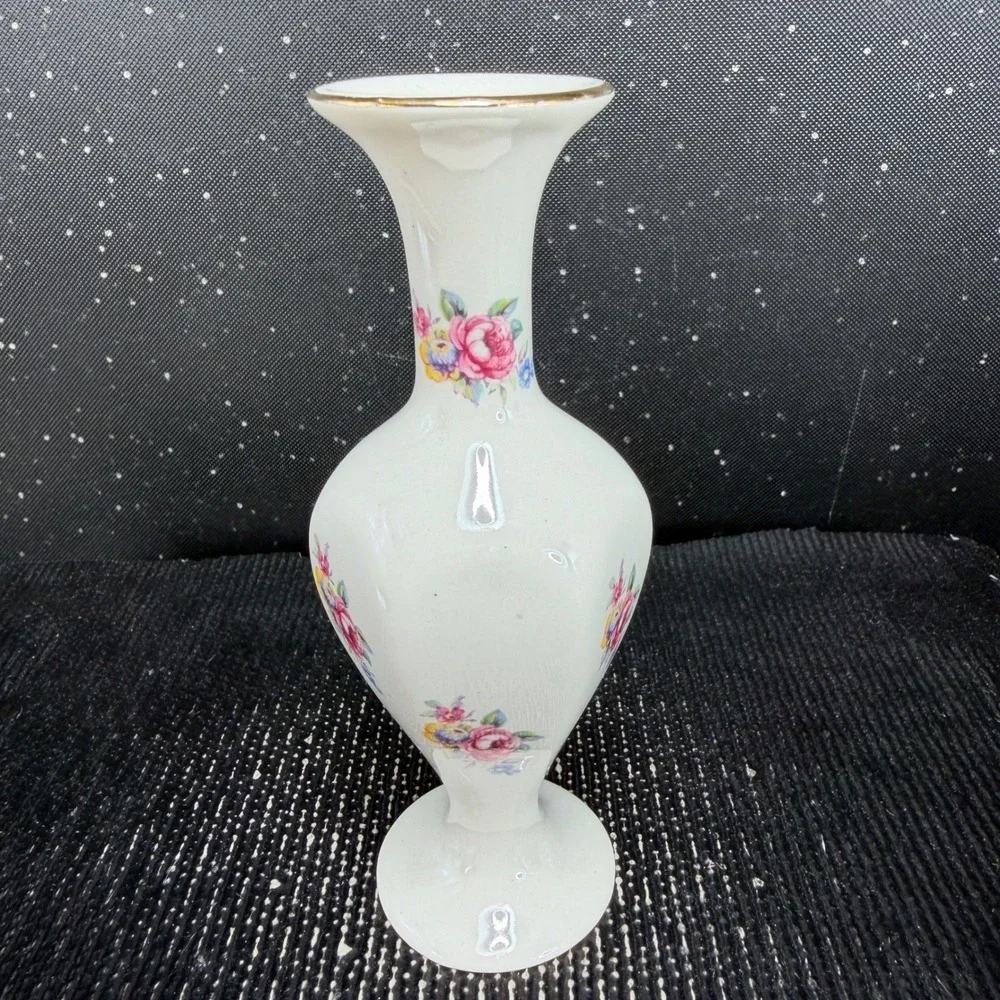Lord Nelson Pottery Bud Vase Floral Rose Gold Trim England 3641 5in Hand Crafted